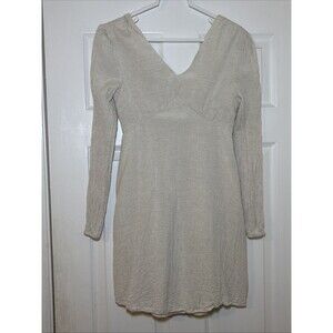 Sincerely Jules Oatmeal Linen Blend Cutout Smocked Long Sleeve Dress Sz S Boho